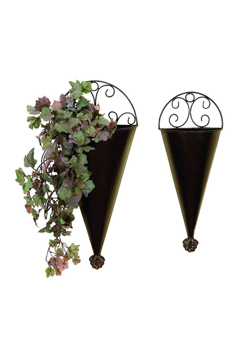 Black Metal Indoor Outdoor Cone Scroll Wall Planter - Set of 2, Main, color, BLACK