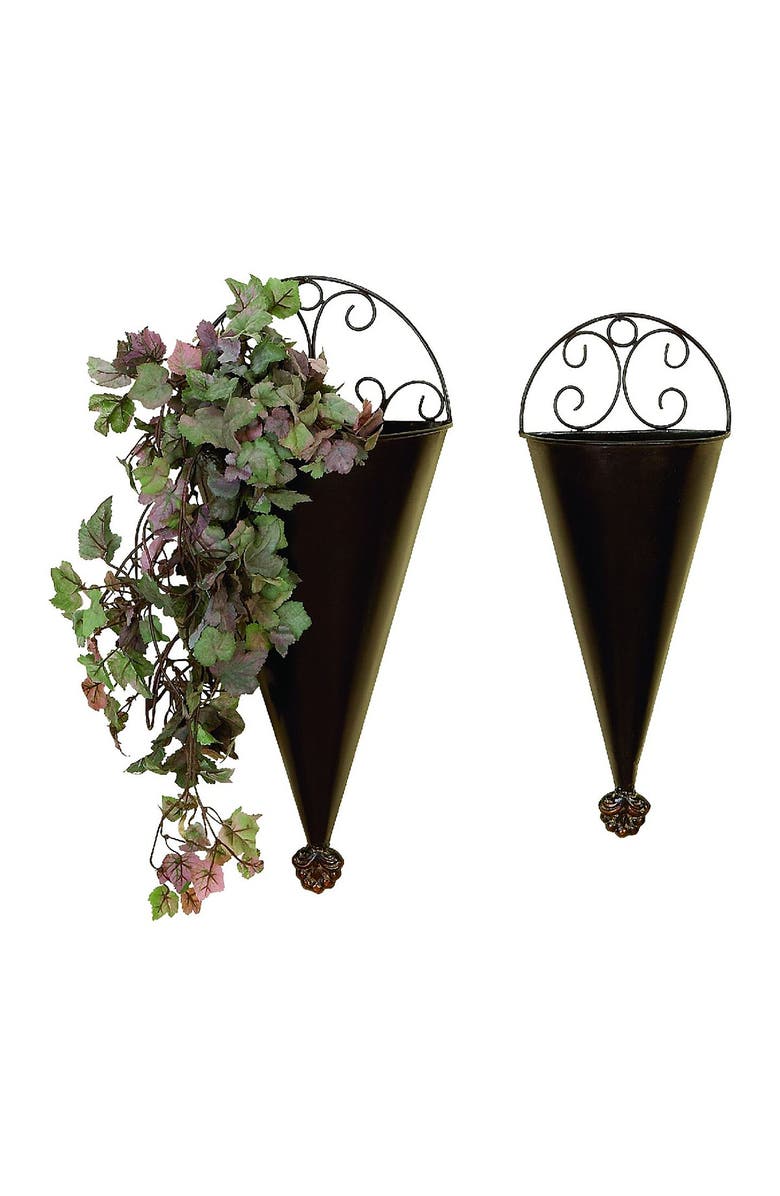 WILLOW ROW Black Metal Indoor Outdoor Cone Scroll Wall Planter - Set of 2, Main, color, Black