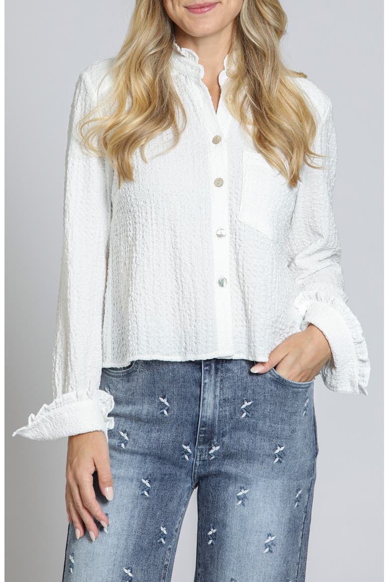 Ruffle Long Sleeve Crop Button-Up Shirt, Main, color, WHITE