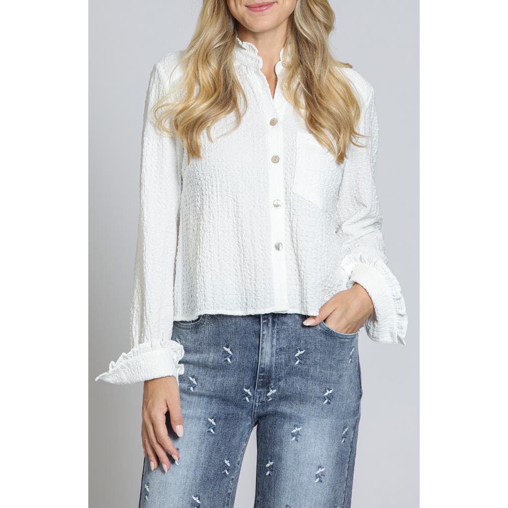 Apny Ruffle Long Sleeve Crop Button-up Shirt In White