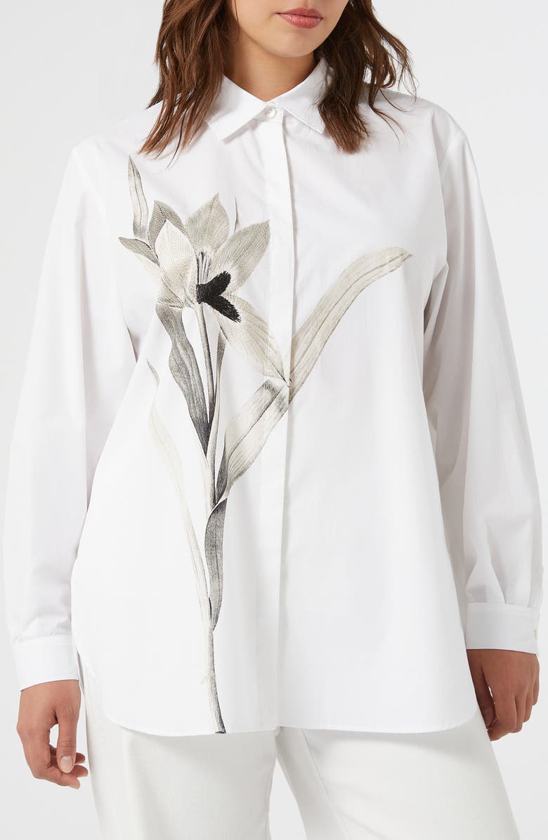 Marina Rinaldi Tartufo Placed Embroidery Cotton Button-Up Shirt, Main, color, Optical White