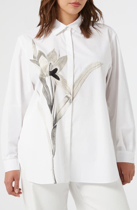 Tartufo Placed Embroidery Cotton Button-Up Shirt (Plus)