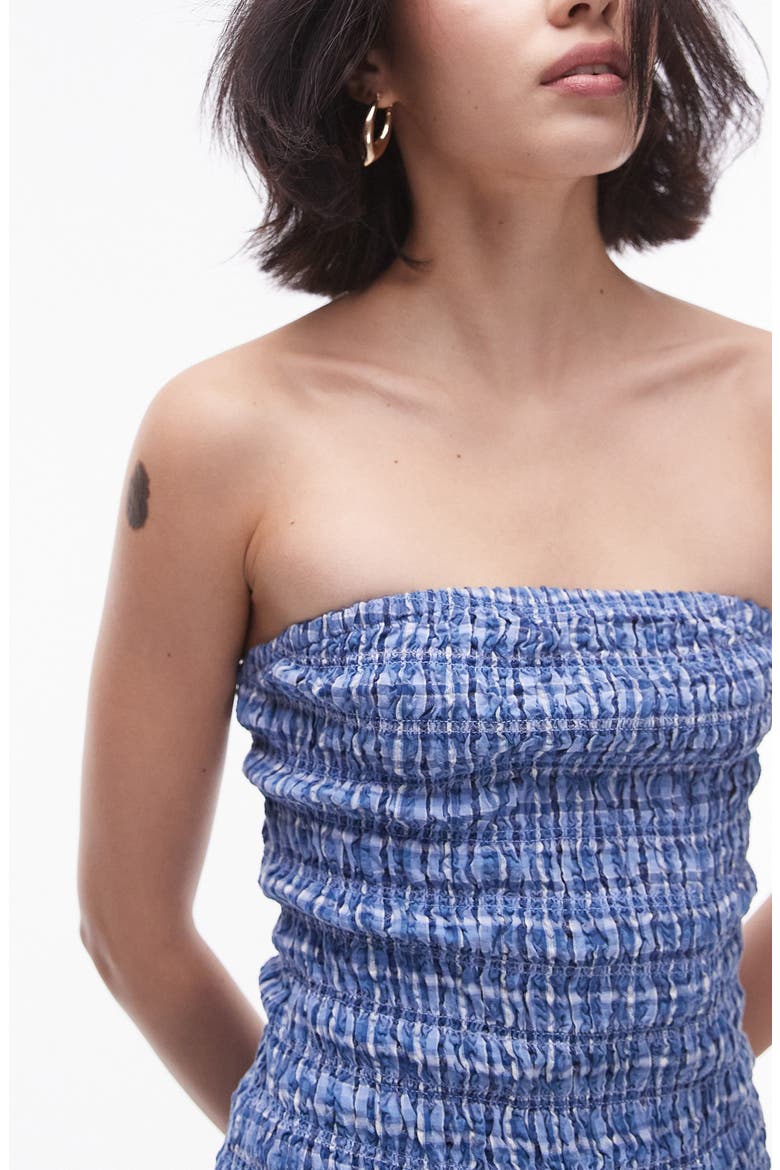Plaid Smocked Strapless Cotton Maxi Dress, Alternate, color, MEDIUM BLUE
