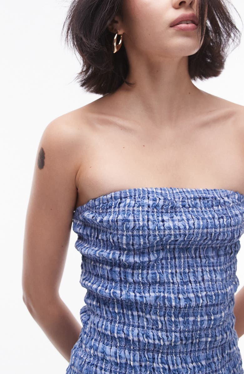 Topshop Plaid Smocked Strapless Cotton Maxi Dress, Alternate, color,