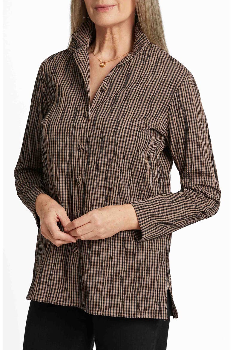 Carolina Crinkled Gingham Cotton Blend Shirt Jacket, Alternate, color, ALMOND/ BLACK
