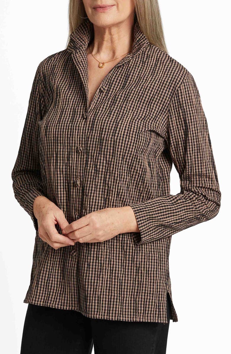 Foxcroft Carolina Crinkled Gingham Cotton Blend Shirt Jacket, Alternate, color, Almond/ Black