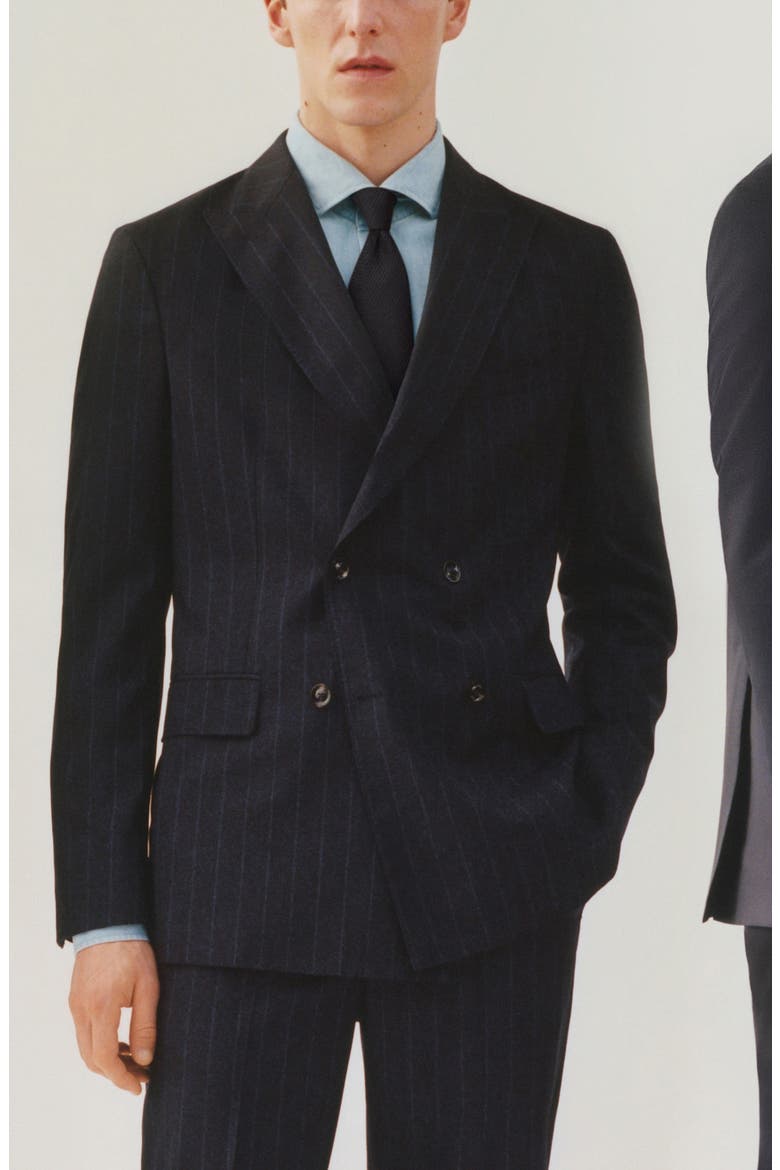 Double Breasted Pinstripe Virgin Wool Blazer, Alternate, color, DARK NAVY