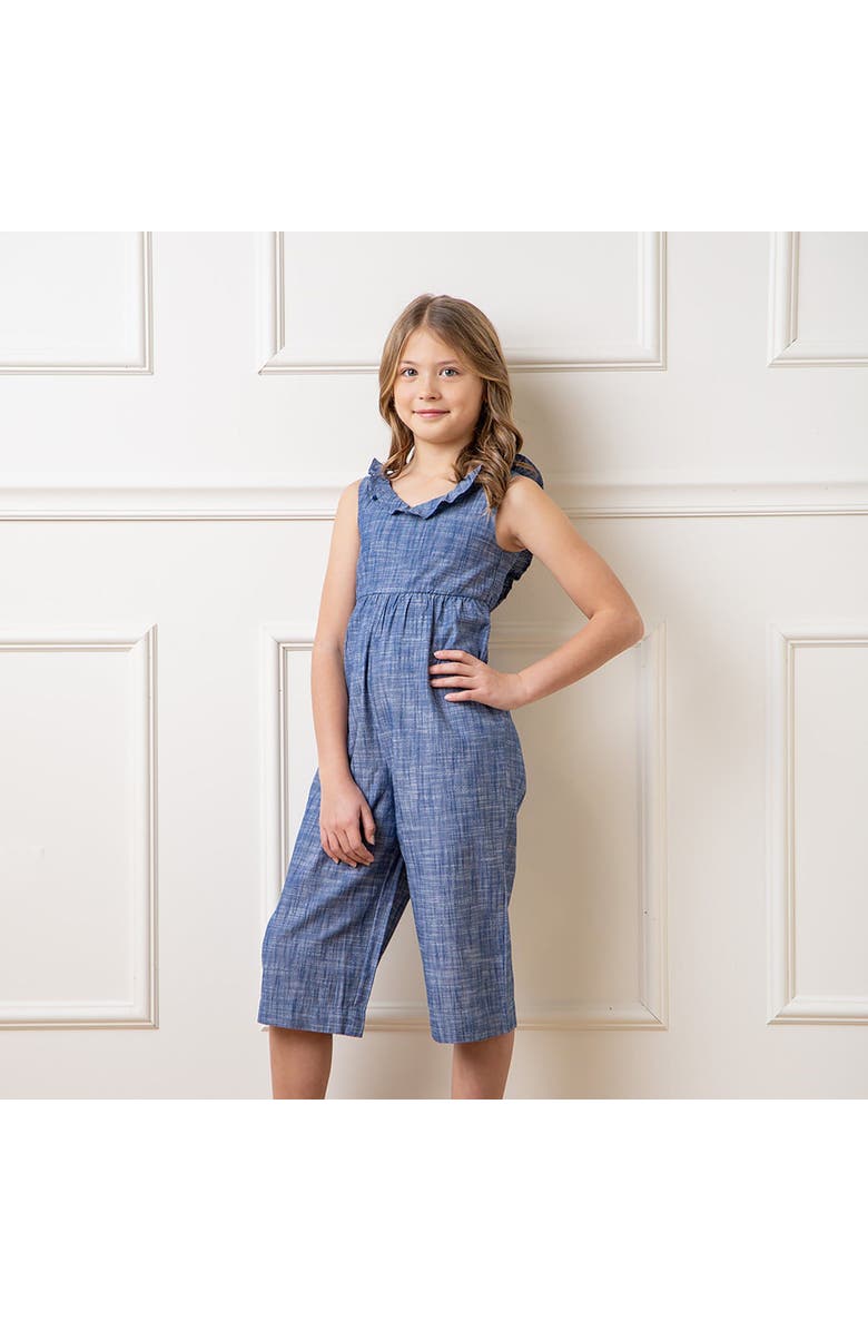 Hope & Henry Girls' Organic Ruffle Neck Jumpsuit, Toddler, Alternate, color, Chambray