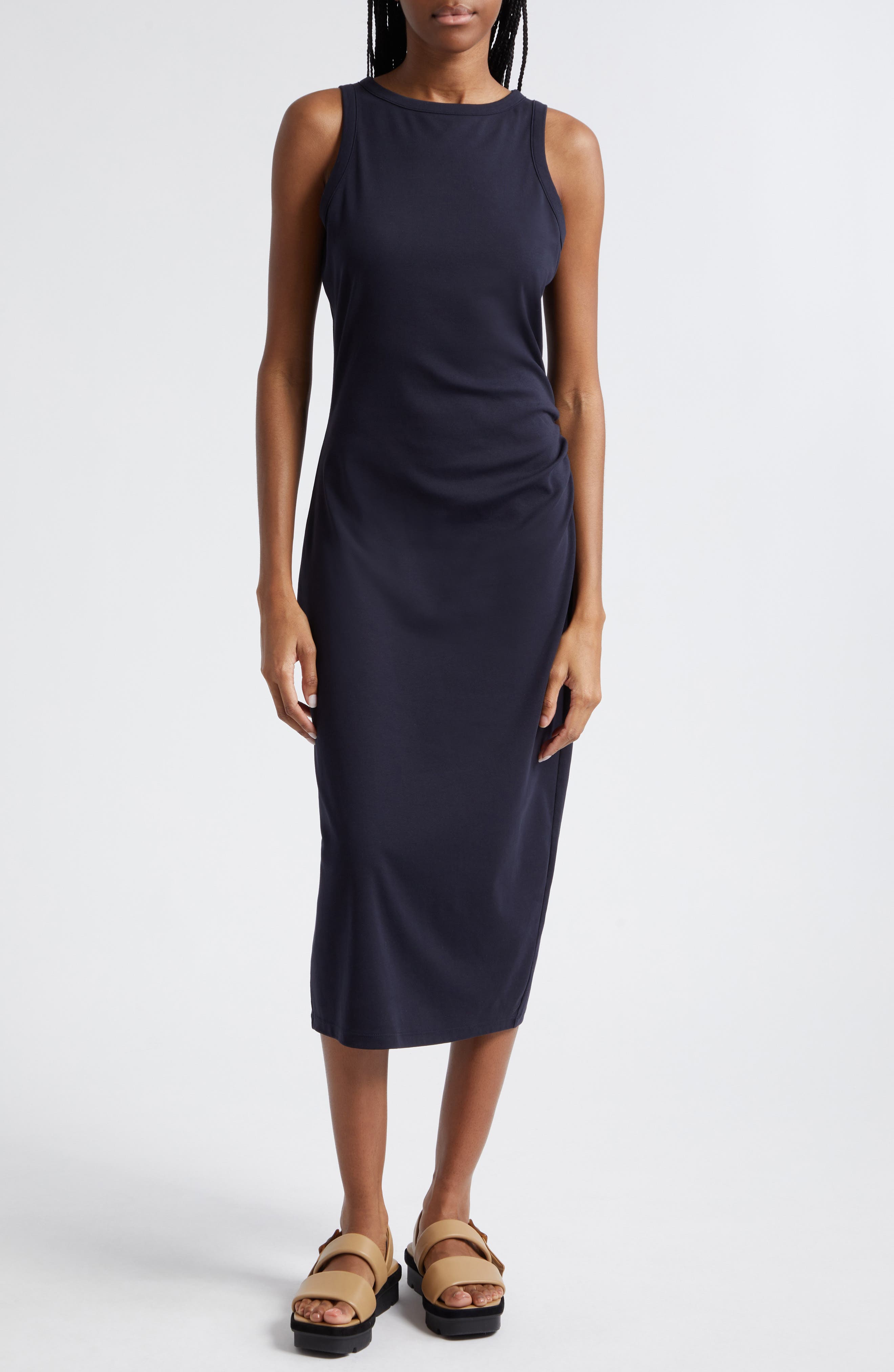 Vince Side Drape Stretch Cotton Midi Dress