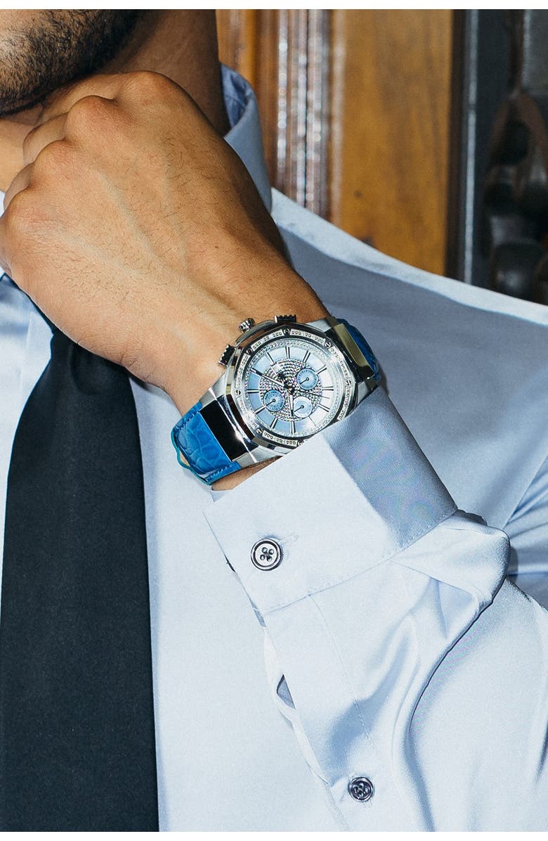 JBW Men's Saxon Diamond Croc Embossed Leather Strap Watch, 48mm - 0.16 ctw, Alternate, color, Silver