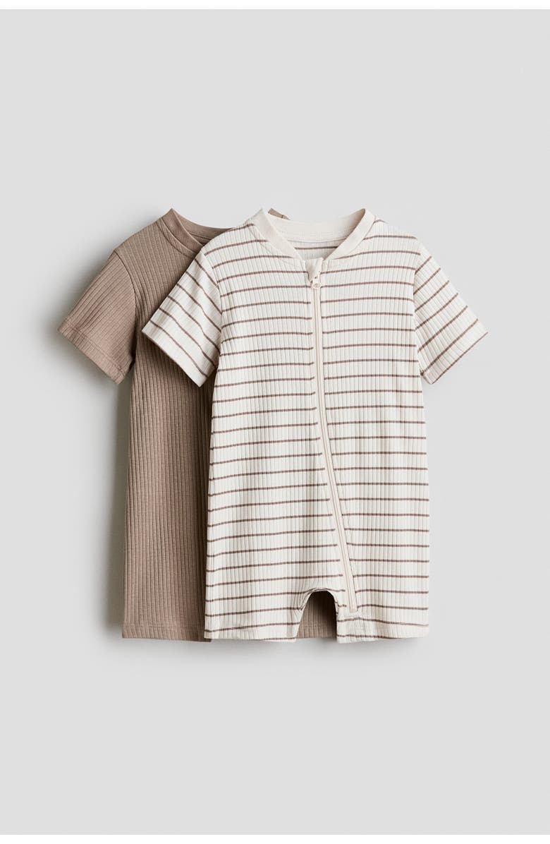H&M 2-pack Short Cotton Sleepsuits, Main, color, Beige/White Striped