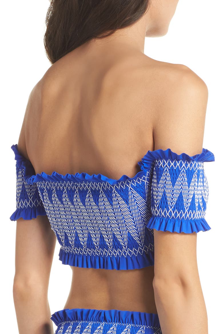 Smocked Bardot Bikini Top, Alternate, color, BRIGHT BLUE