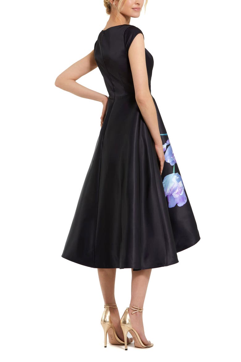 Petite Satin Cap Sleeve Midi Dress With Floral Print, Alternate, color, Black Multi