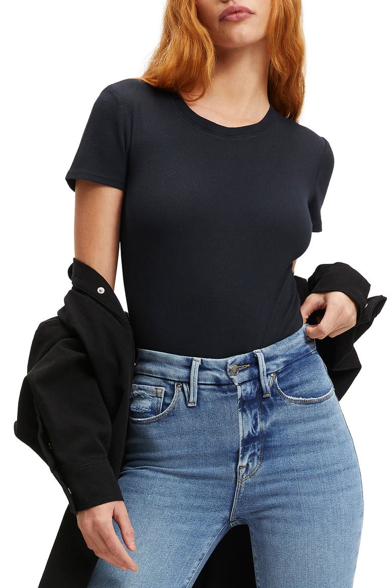 Fitted Organic Cotton Blend Rib T-Shirt Bodysuit, Main, color, BLACK