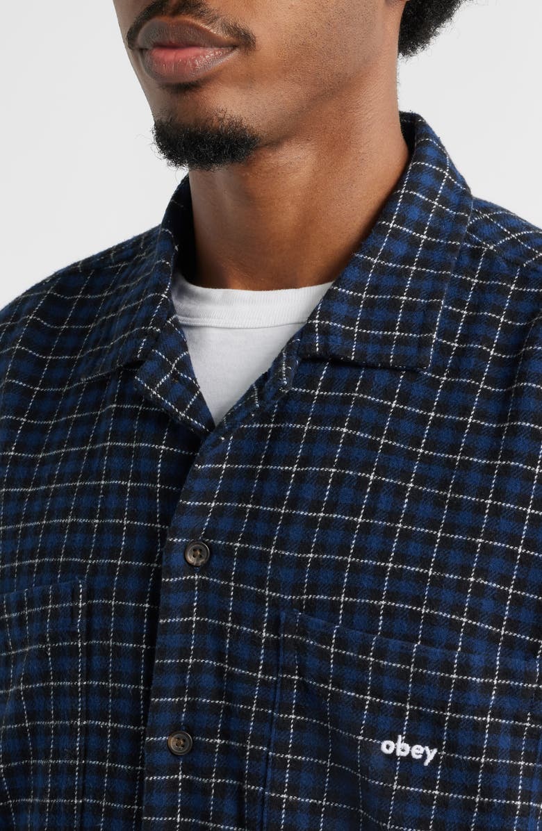 Obey Adams Plaid Long Sleeve Flannel Long Sleeve Camp Shirt, Alternate, color, Academy Navy Multi