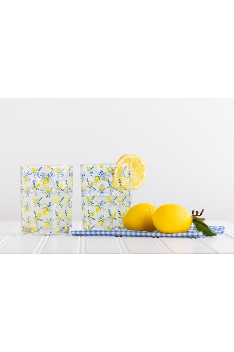Glass Juice Cups Lemon Print Set of 2 Wood Multicolored for Spring Serving and Entertaining, Alternate, color, Multicolored