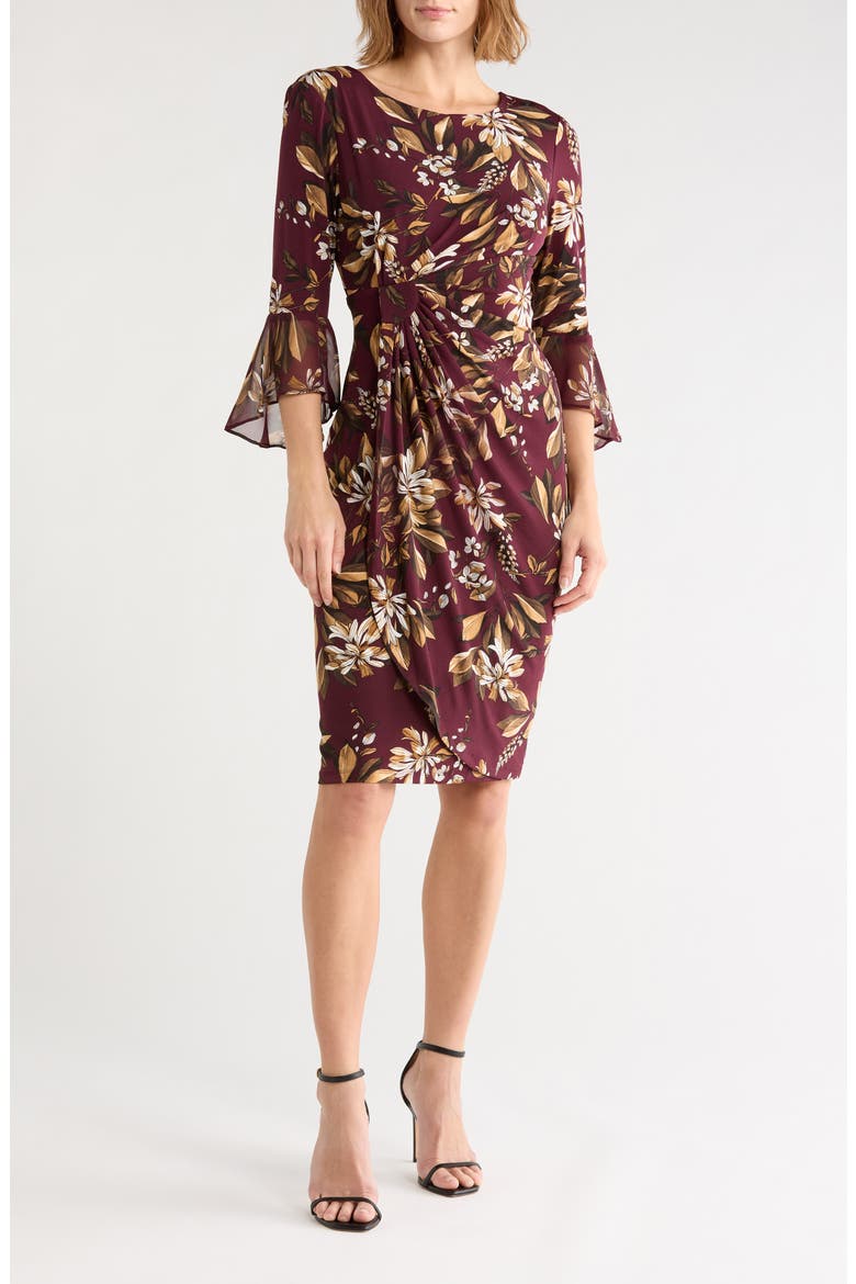 Bell Sleeve Gathered Midi Dress, Main, color, CABERNET