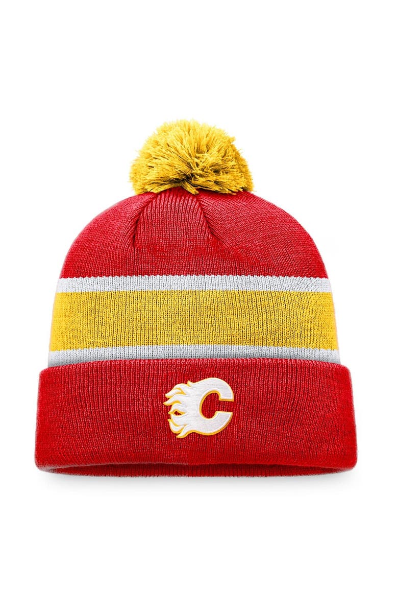 FANATICS Men's Fanatics Branded Red/Yellow Calgary Flames Breakaway Cuffed Knit Hat with Pom, Main, color, 