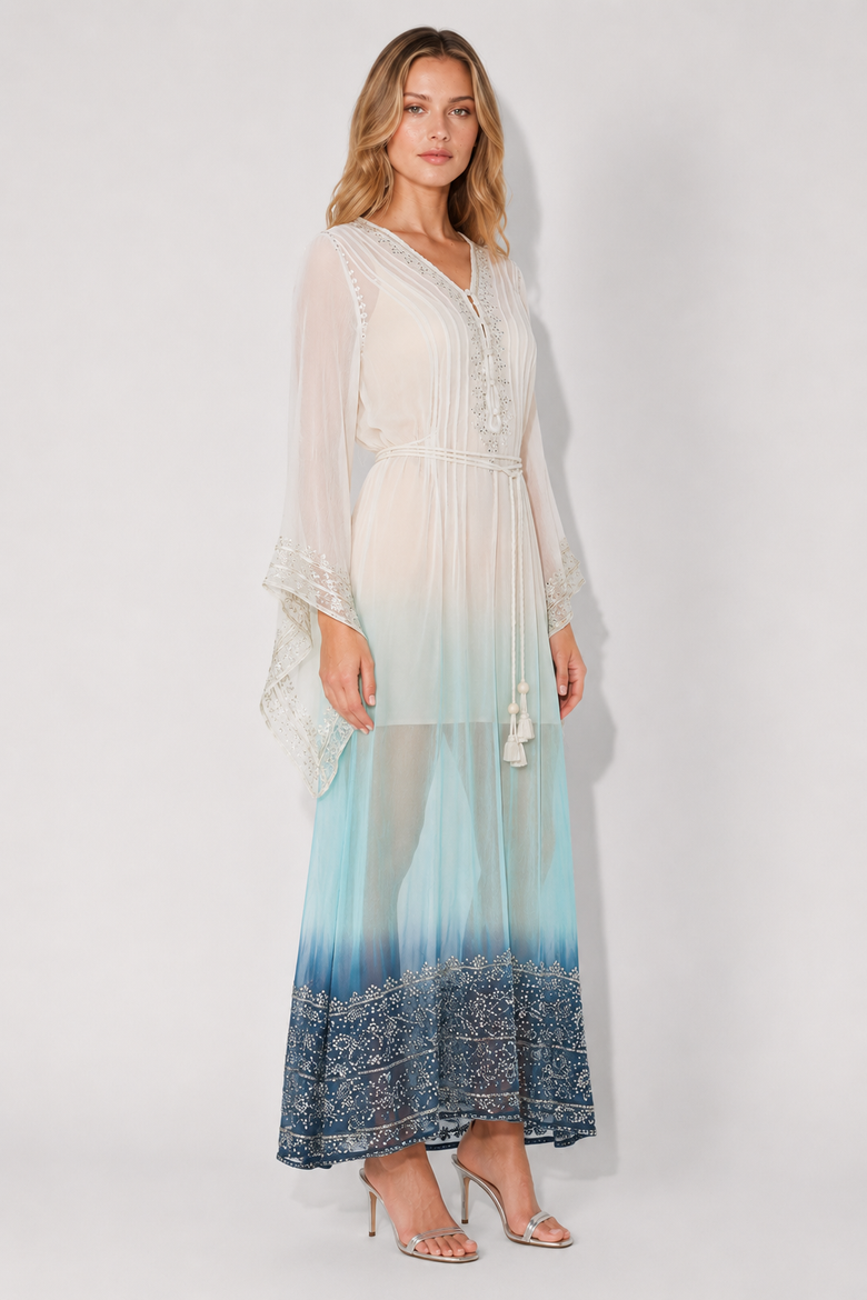 Camelia Dress, Alternate, color, White / Teal / Indigo Ombre