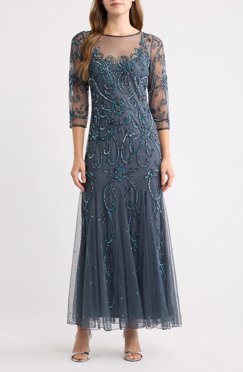 Beaded Illusion Neck Gown