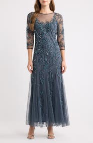 Pisarro Nights Beaded Illusion Neck Gown