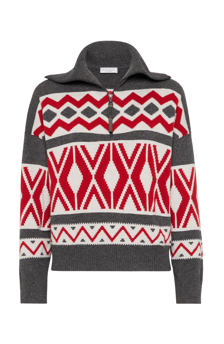 Brunello Cucinelli Virgin wool, cashmere and silk retro jacquard turtleneck sweater with half zip, Main, color, 