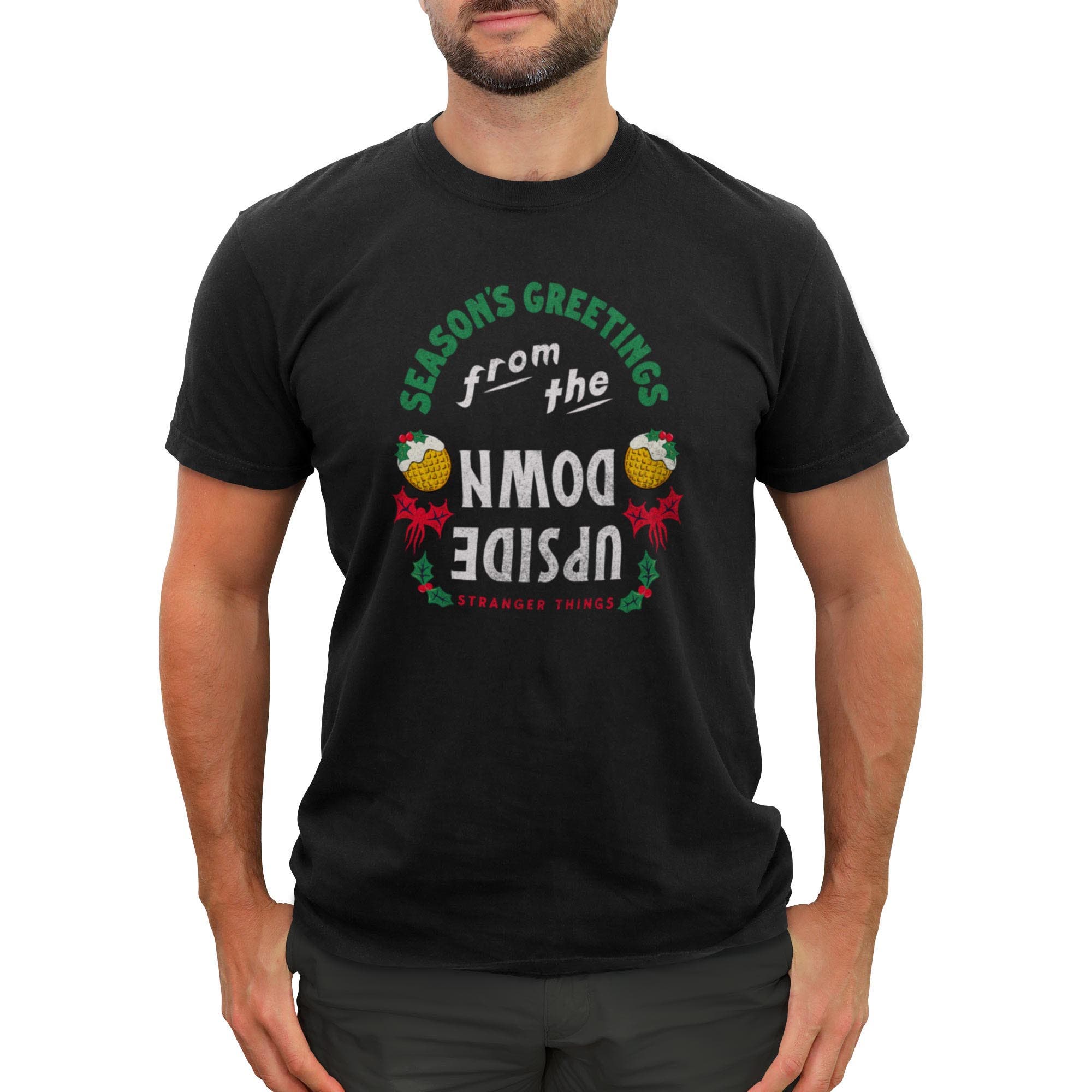 Men's Stranger Things Christmas Season's Greetings  Graphic T-Shirt in Black 