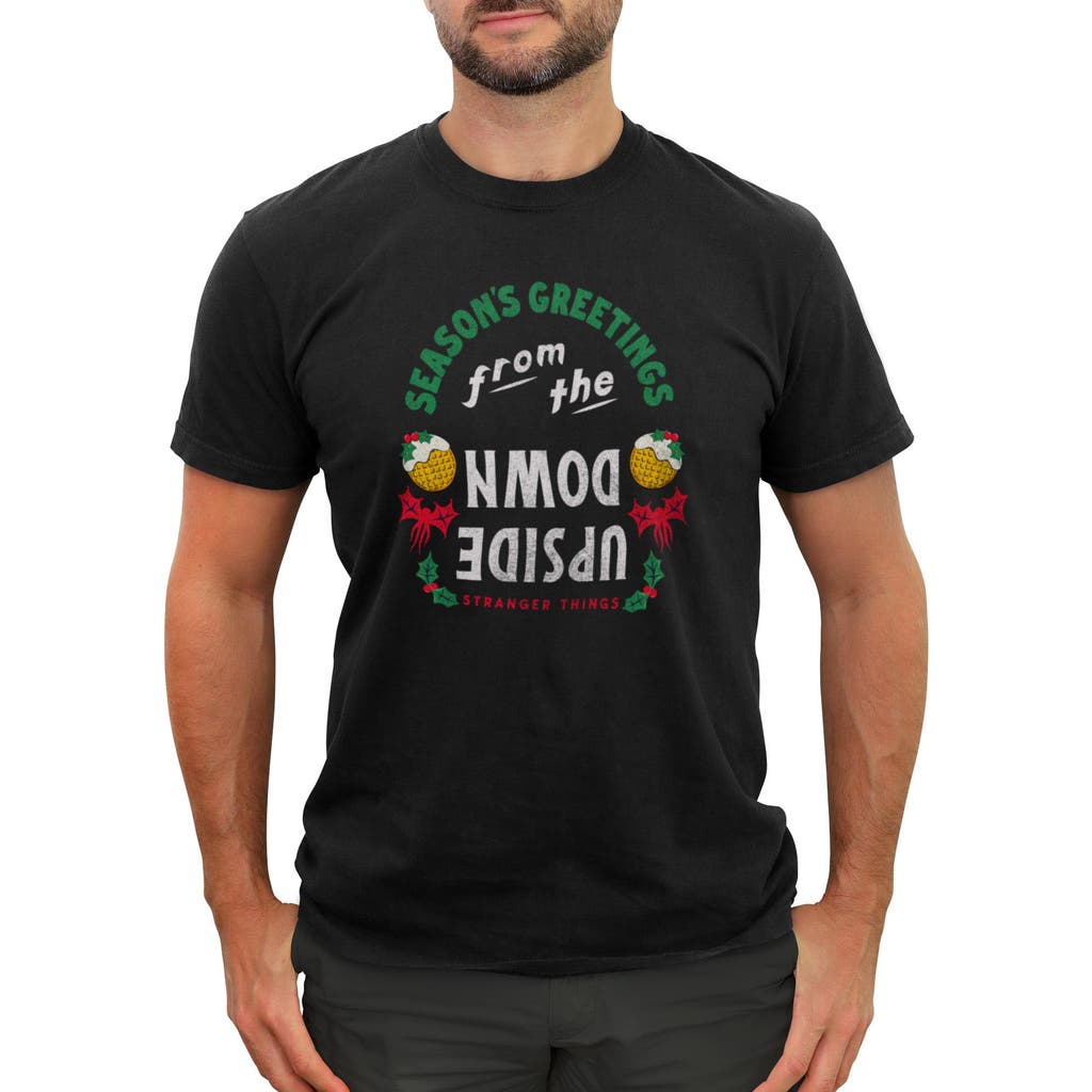 Men's Stranger Things Christmas Season's Greetings  Graphic T-Shirt in Black  product