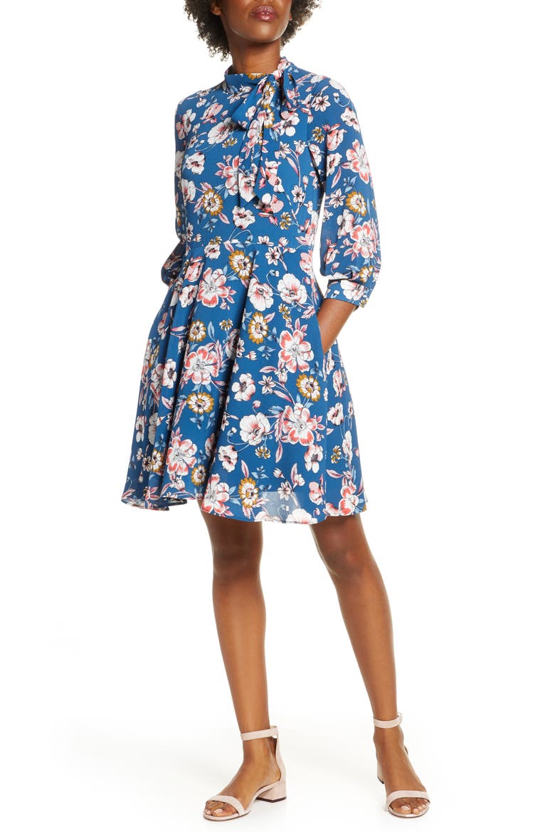 Floral Tie Neck Fit & Flare Dress, Main, color, TEAL