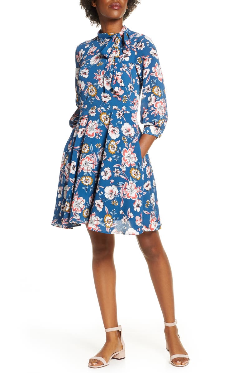 Eliza J Floral Tie Neck Fit & Flare Dress, Main, color, 