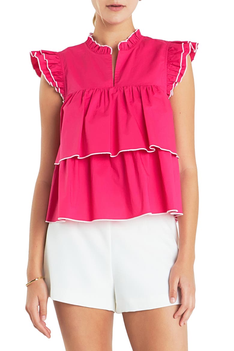 Ruffle Sleeve Tiered Cotton Top, Main, color, FUCHSIA