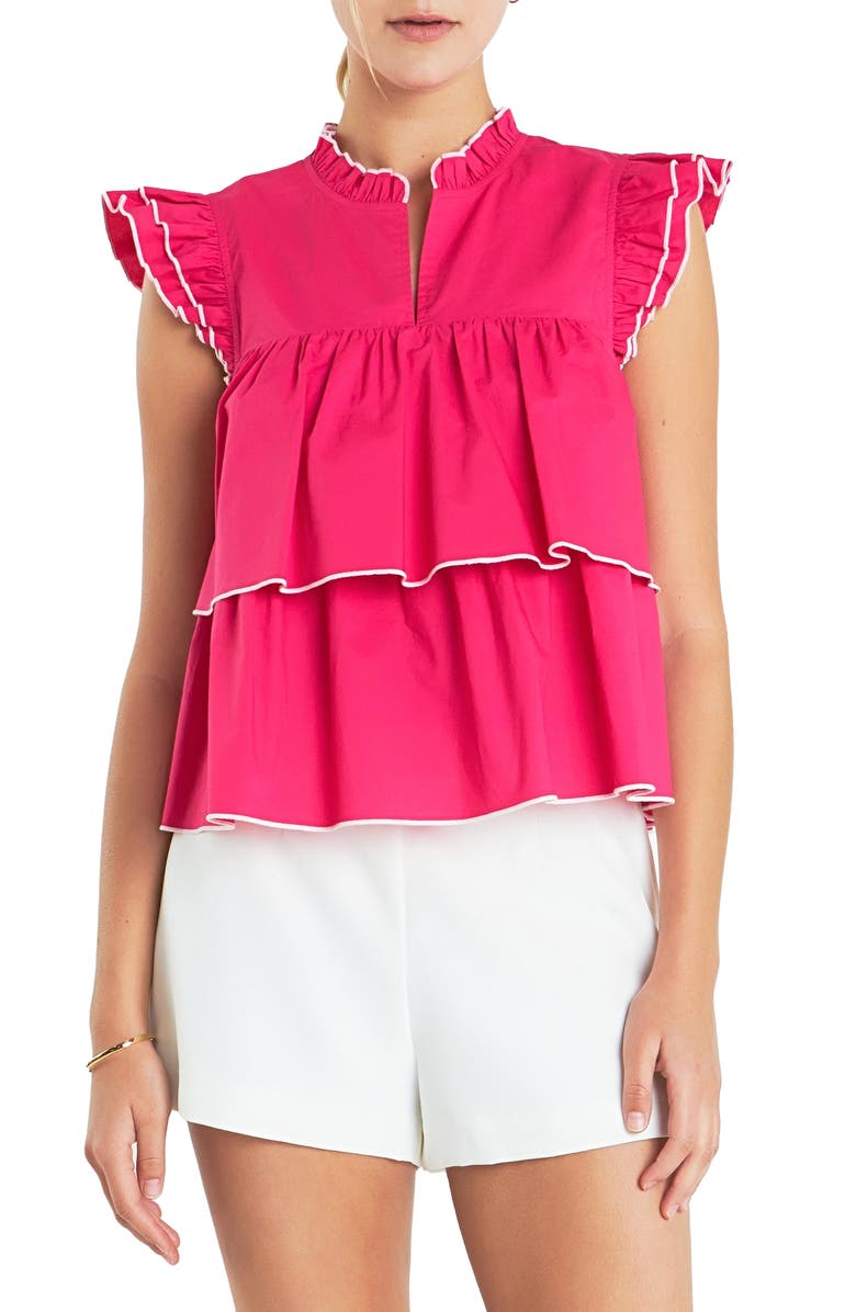 English Factory Ruffle Sleeve Tiered Cotton Top, Main, color, Fuchsia
