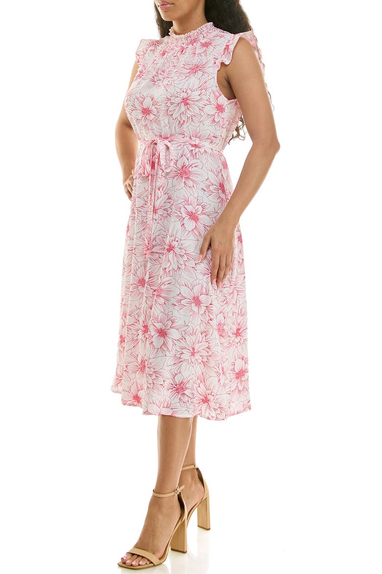 Smocked Neck Tie Waist Midi Dress, Alternate, color, AZALEA MULTI
