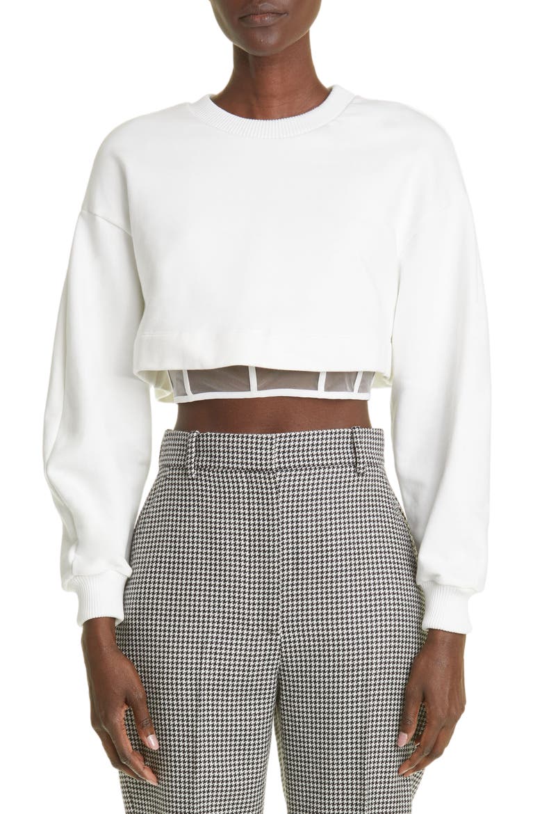 Crop Cotton Sweatshirt with Sheer Corset Inset, Main, color, IVORY