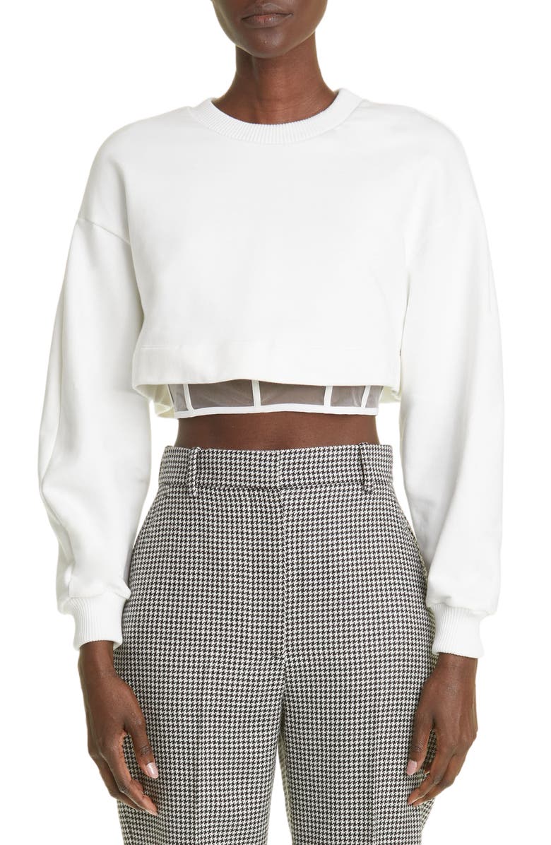 McQueen Crop Cotton Sweatshirt with Sheer Corset Inset, Main, color,
