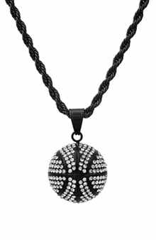 Men's Black Stainless Steel Pavé Crystal Basketball Pendant Necklace