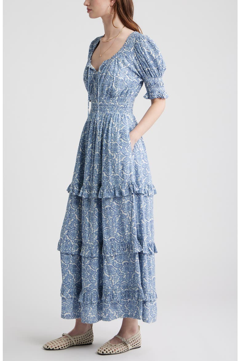 Smock Waist Ruffle Trim Tiered Maxi Dress, Alternate, color, BLUE LACE ALLOVER