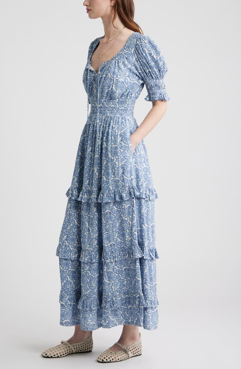 Treasure & Bond Smock Waist Ruffle Trim Tiered Maxi Dress, Alternate, color, Blue Lace Allover