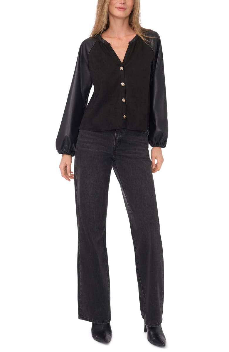 Parker Faux Leather Sleeve Button Front Top, Alternate, color, Rich Black