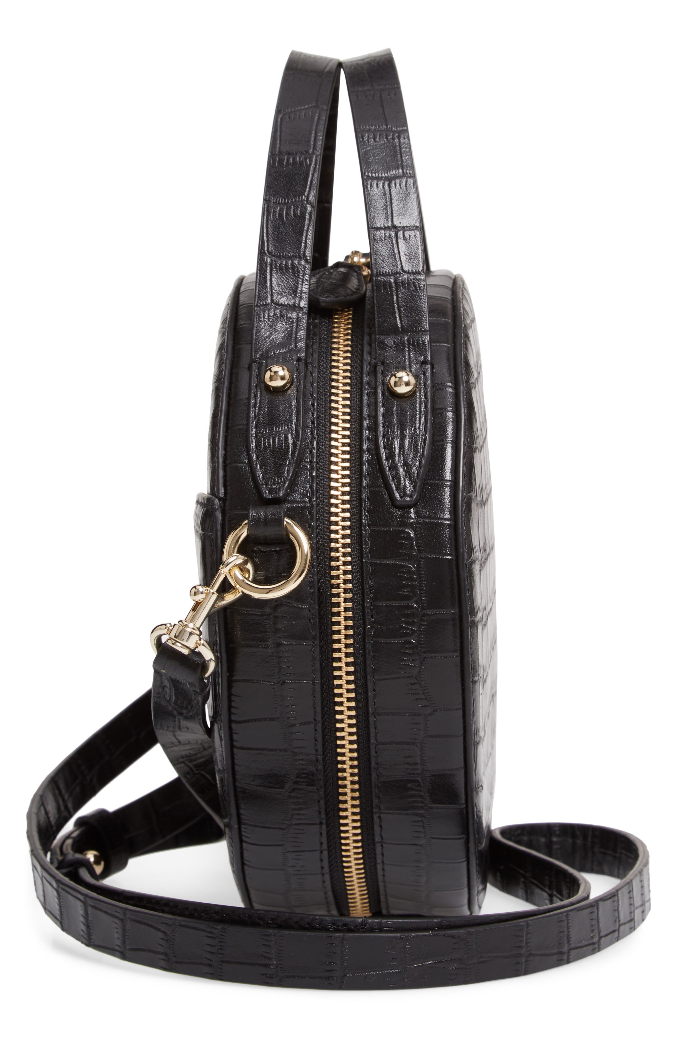 Jody Croc Embossed Leather Circle Crossbody Bag, Alternate, color, BLACK