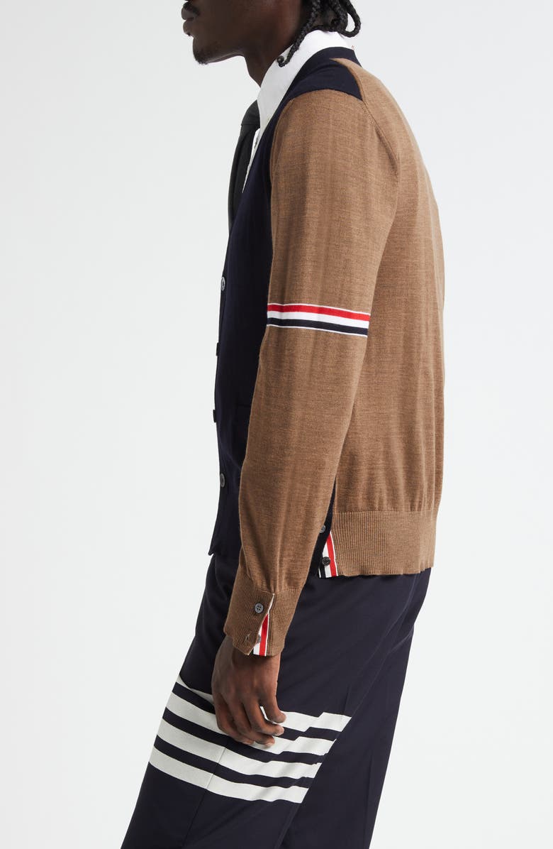 Thom Browne Fun-Mix Colorblock Relaxed Virgin Wool Cardigan, Alternate, color, Navy/ Grey/ Brown
