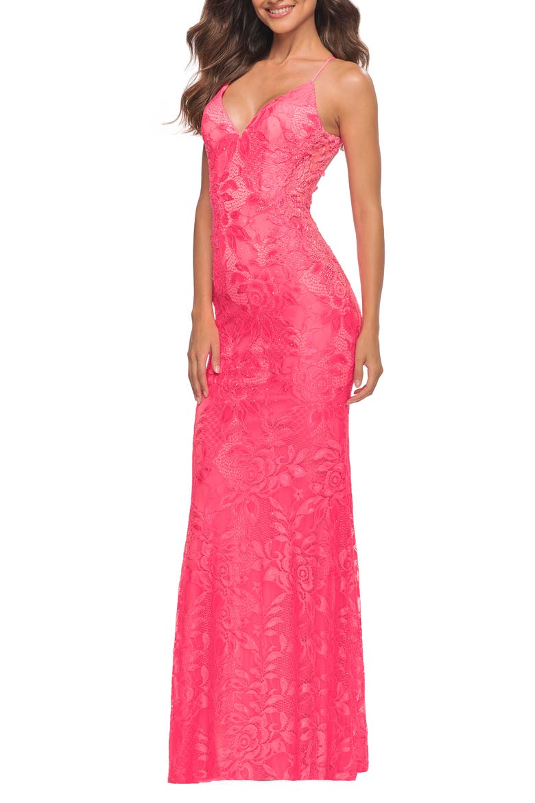 Lace Prom Dress with Illusion Embellished Sides in Neon Colors, Main, color, Neon Pink