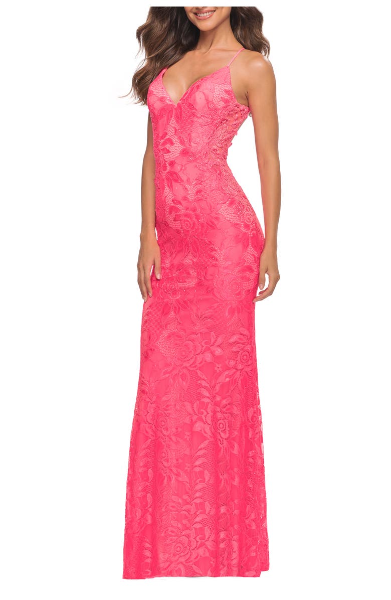 La Femme Lace Prom Dress with Illusion Embellished Sides in Neon Colors, Main, color, Neon Pink