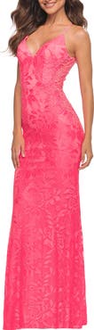 La Femme Lace Prom Dress with Illusion Embellished Sides in Neon Colors