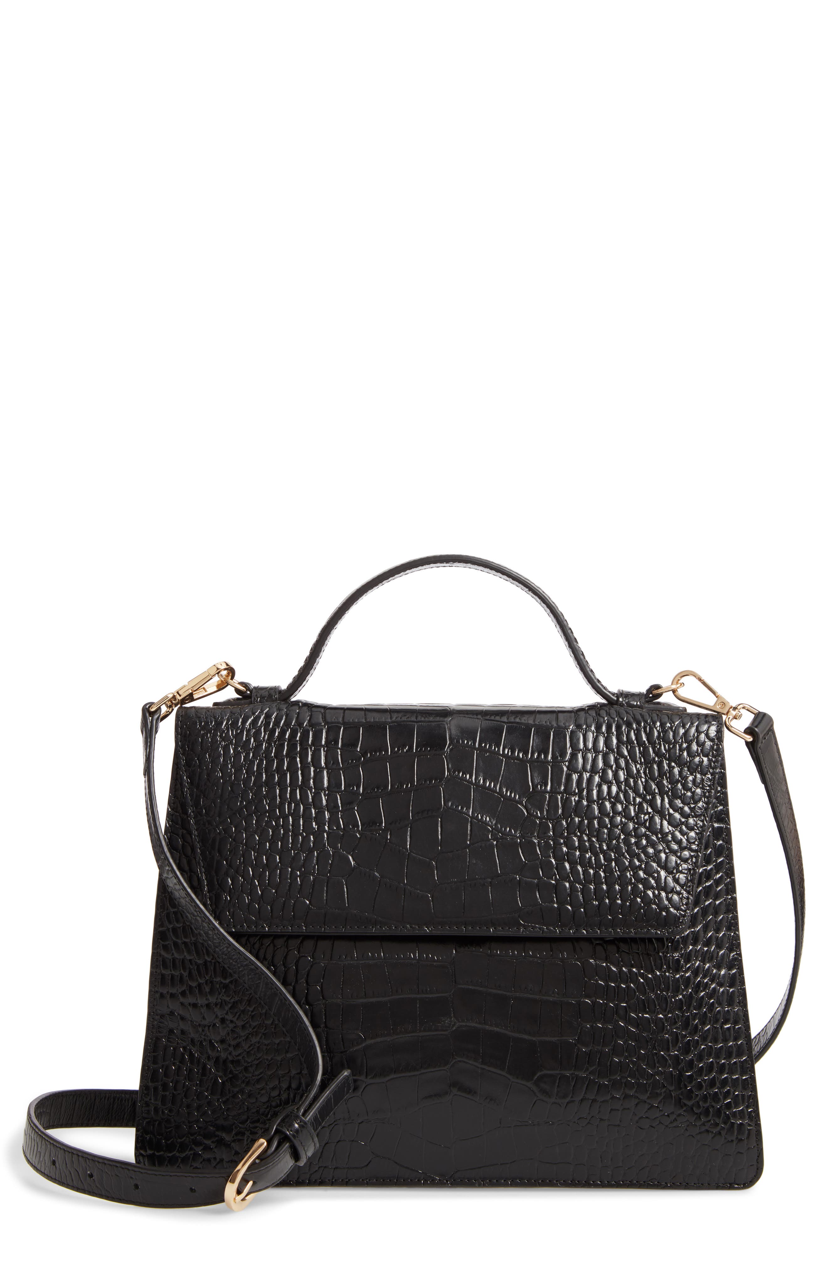 Ryder Croc Embossed Leather Top Handle Bag, Main, color, BLACK