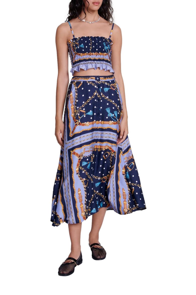 Satin-effect patterned short skirt, Alternate, color, Chain scarf print blue