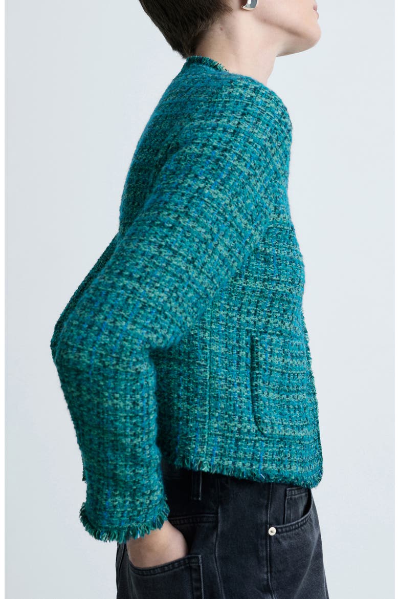 Fringe Trim Tweed Jacket, Alternate, color, PETROL BLUE