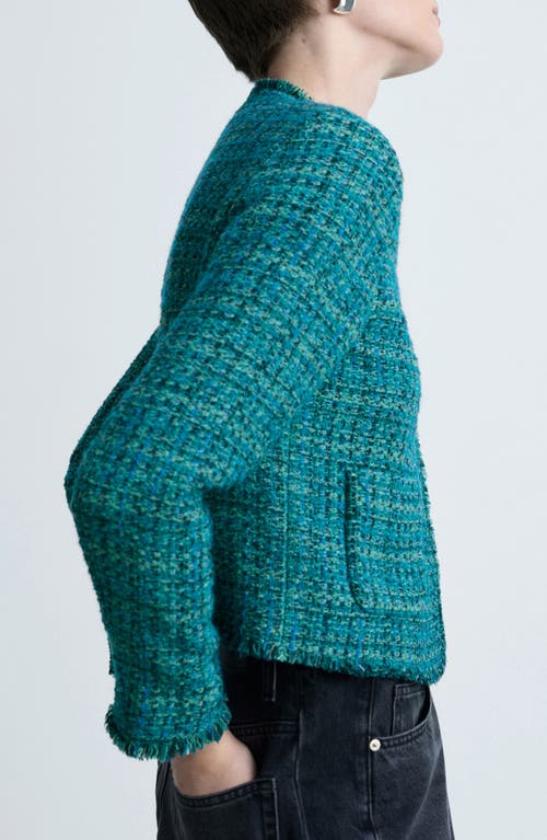 Mango Fringe Trim Tweed Jacket In Petrol Blue