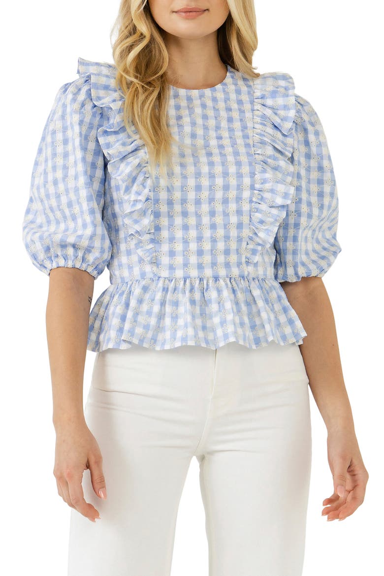 Embroidered Gingham Print Top, Main, color, POWDER BLUE