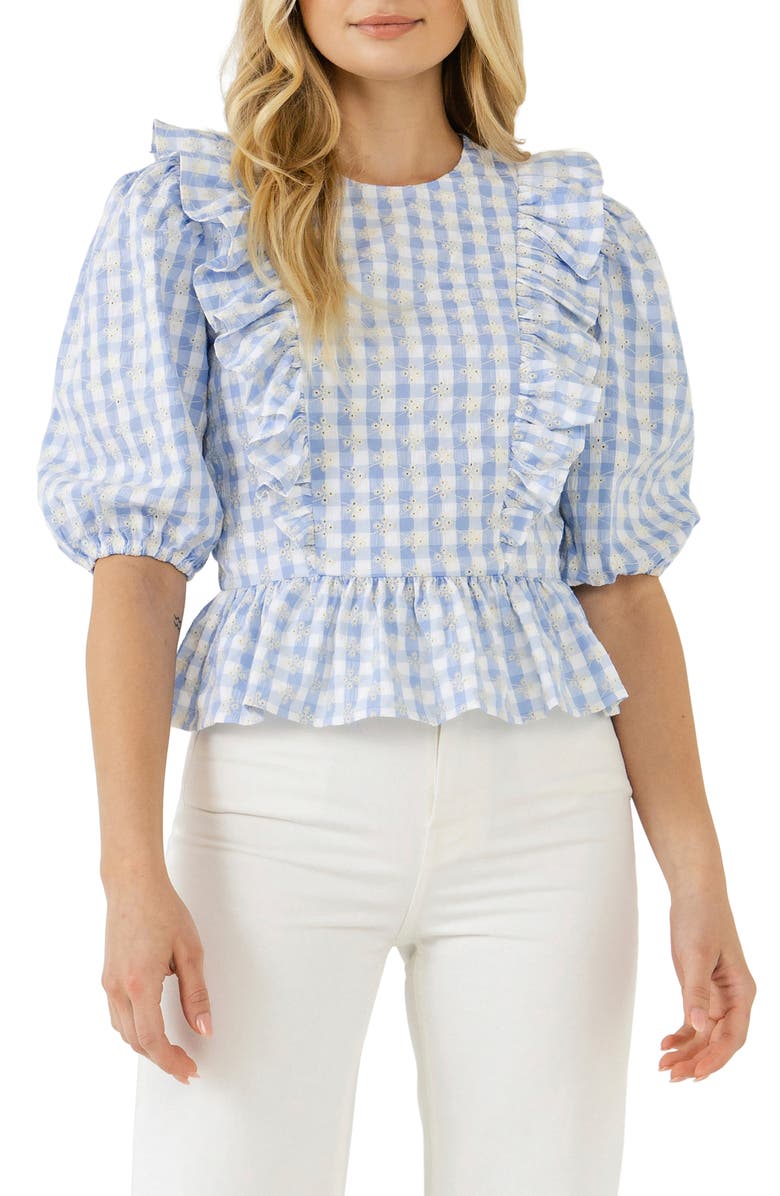 English Factory Embroidered Gingham Print Top, Main, color, 